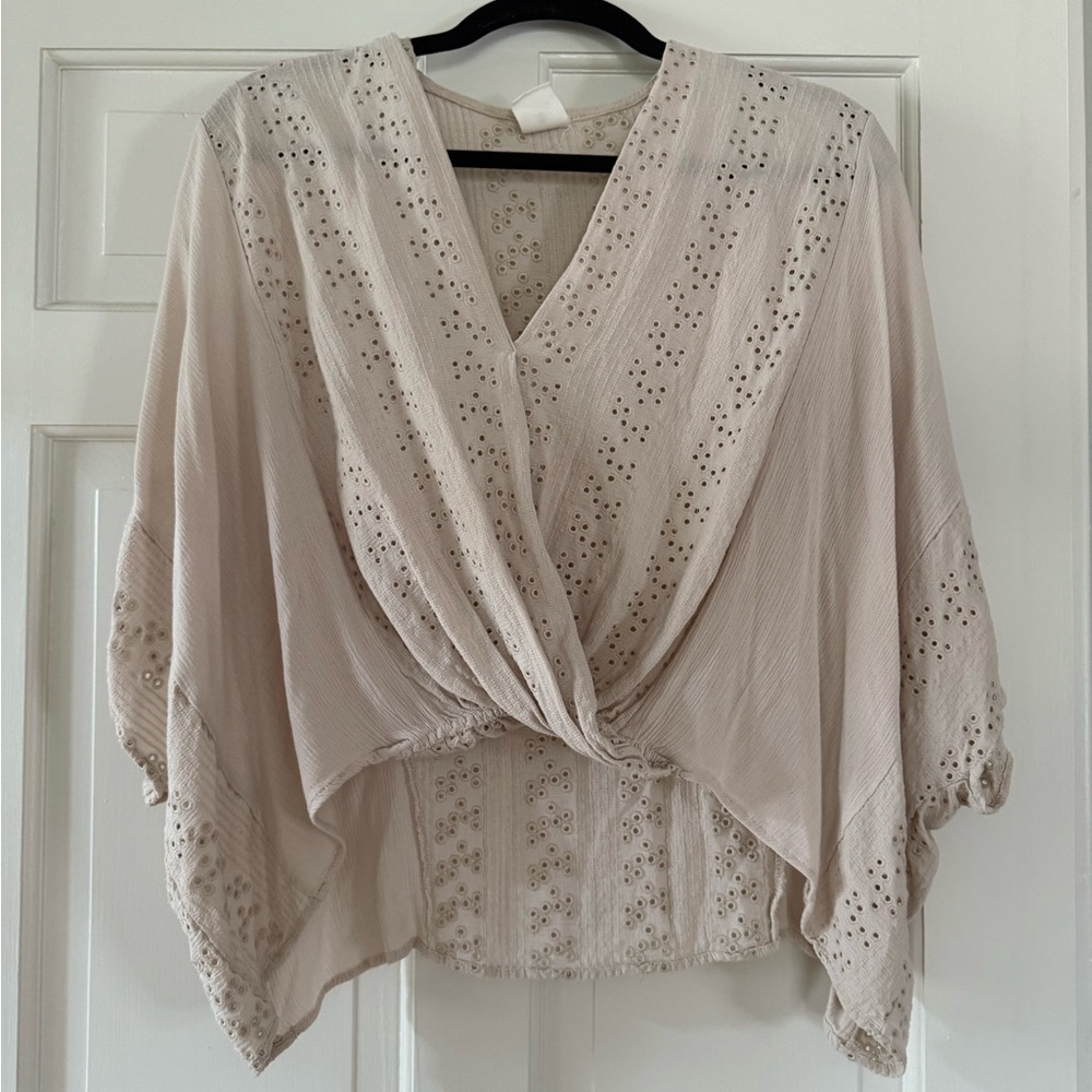 By Together Cream Asymmetrical Flutter Sleeve Blouse